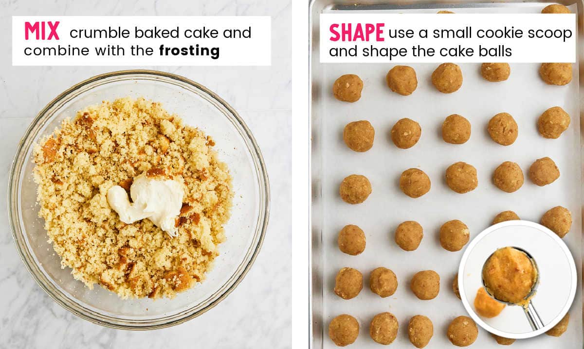 Process Steps: Crumbed cake and frosting plus shaped cake balls.