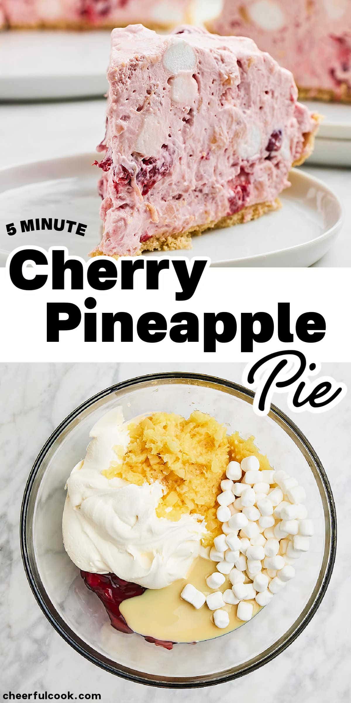 "Craving a sweet and easy dessert? Look no further than our irresistible Cherry Pineapple Pie! Indulge in the mouthwatering combination of cherry pie filling, pineapple chunks, creamy condensed milk, and fluffy marshmallows. 🍒🍍😋 #cheerfulcook #CherryPineapplePie #EasyDessert #SweetTreat #EasyRecipe #nobakepie via @cheerfulcook