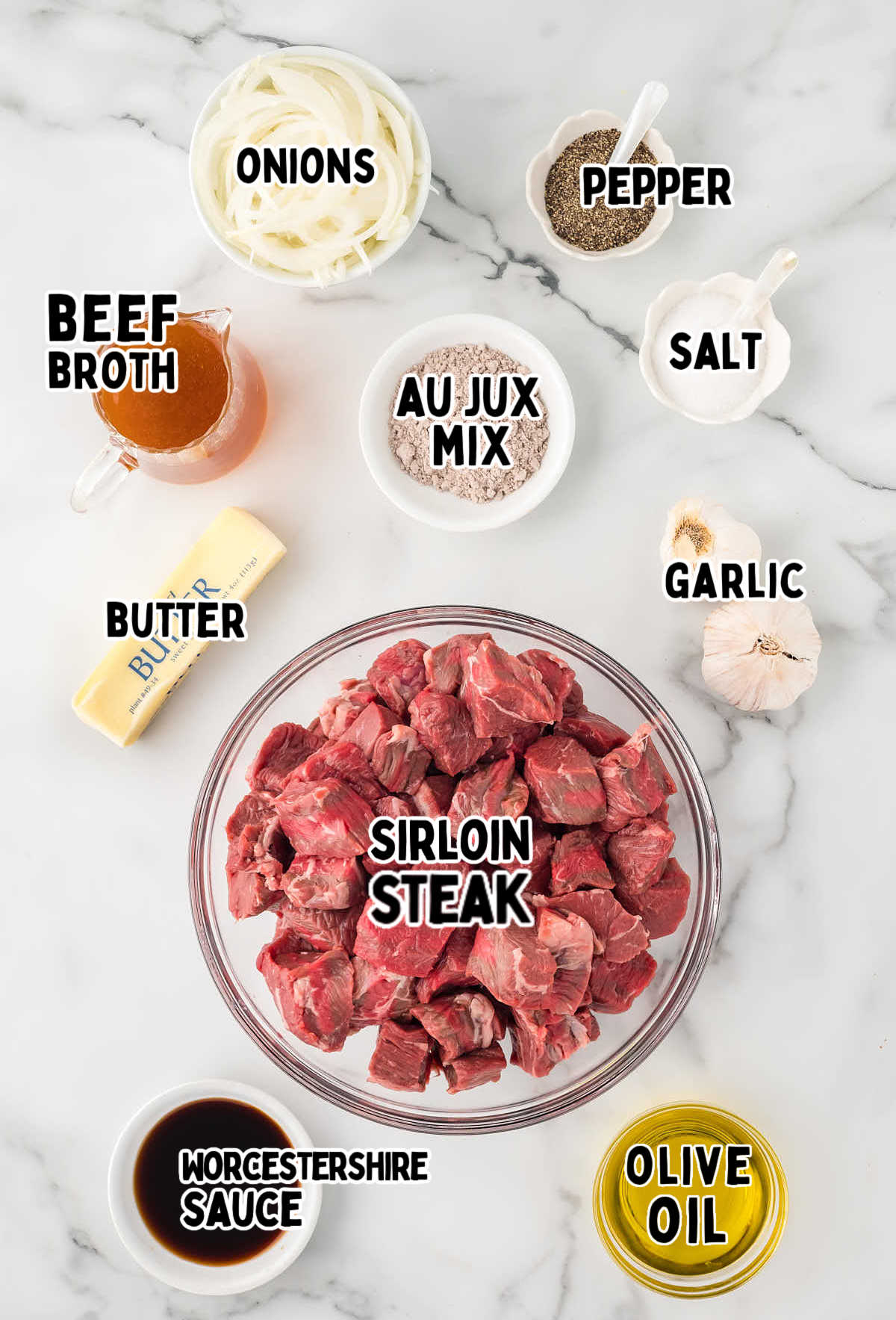 Ingredients needed to make Crockpot Steak Bites.