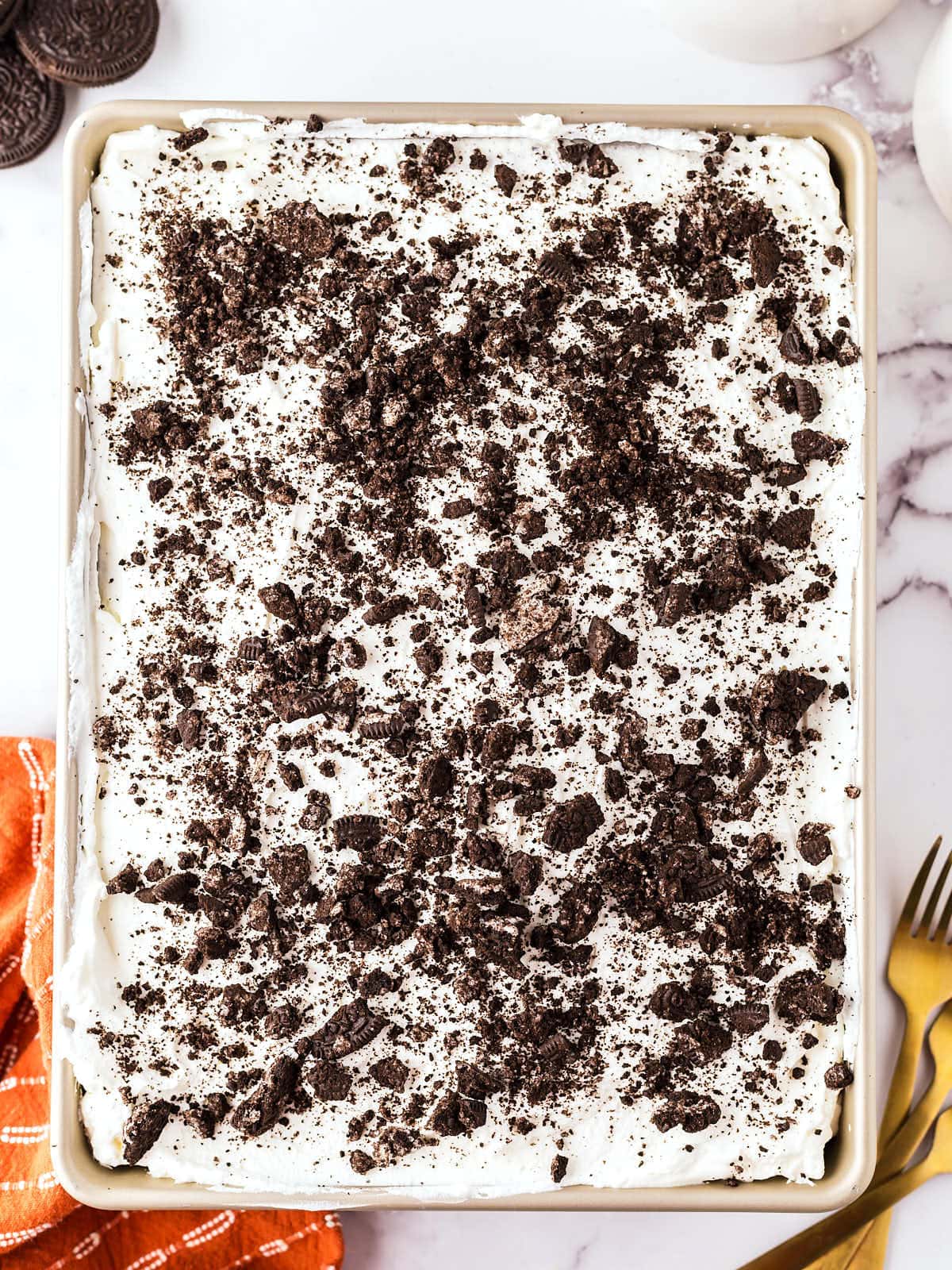 Topdown view of a finished Oreo Sheet Cake.