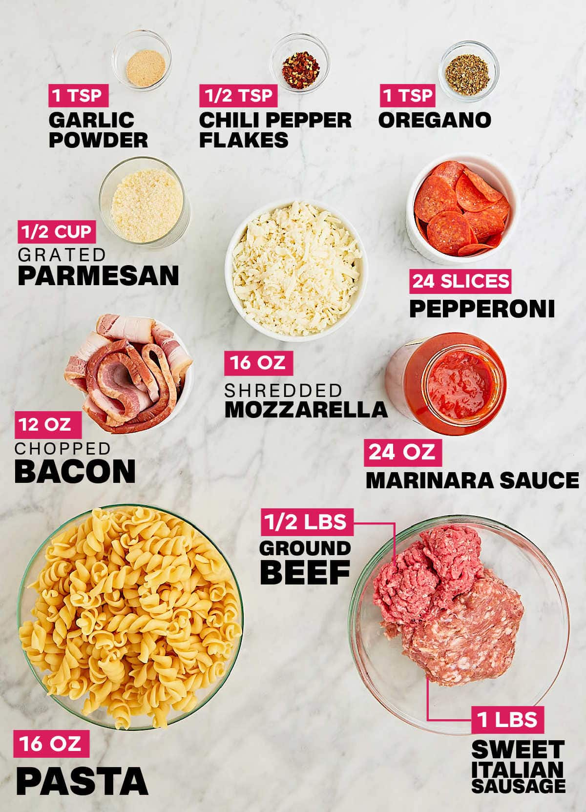Ingredients needed to make a Pizza Casserole.