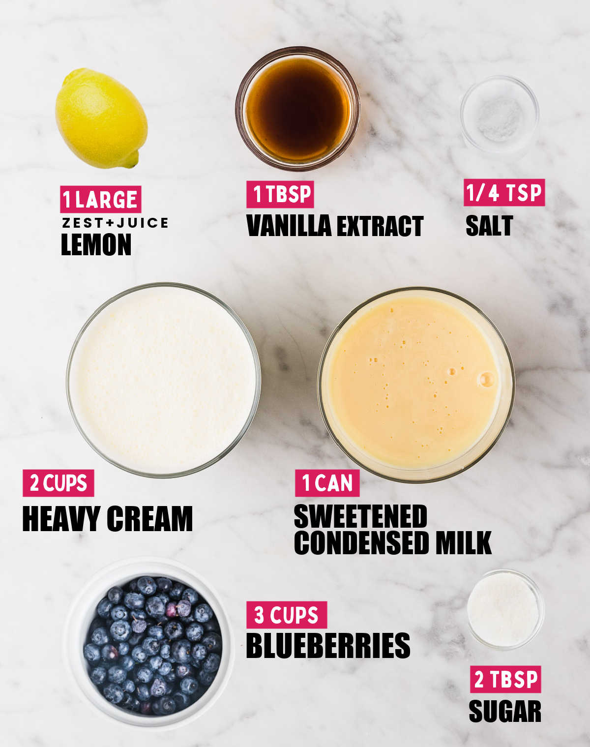 Ingredients needed to make no-churn Blueberry Ice Cream.