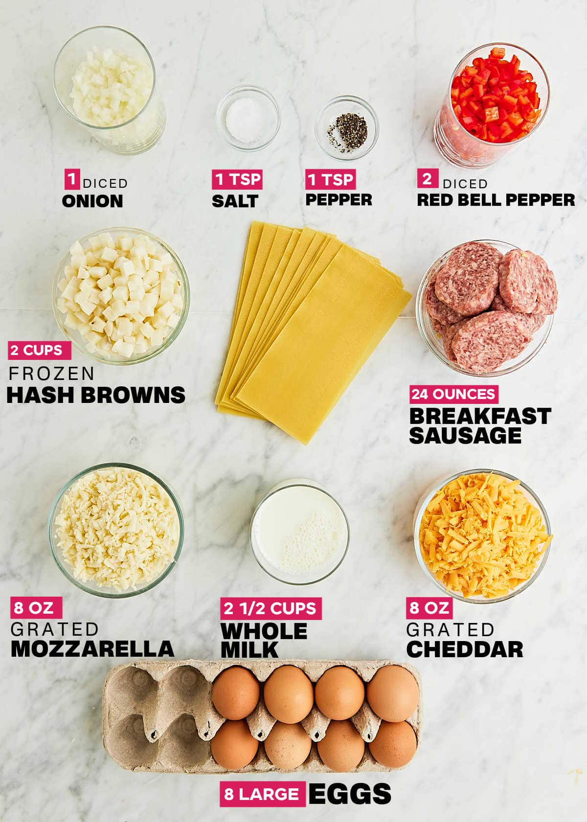 Ingredients needed to make a Breakfast Lasagna. a
