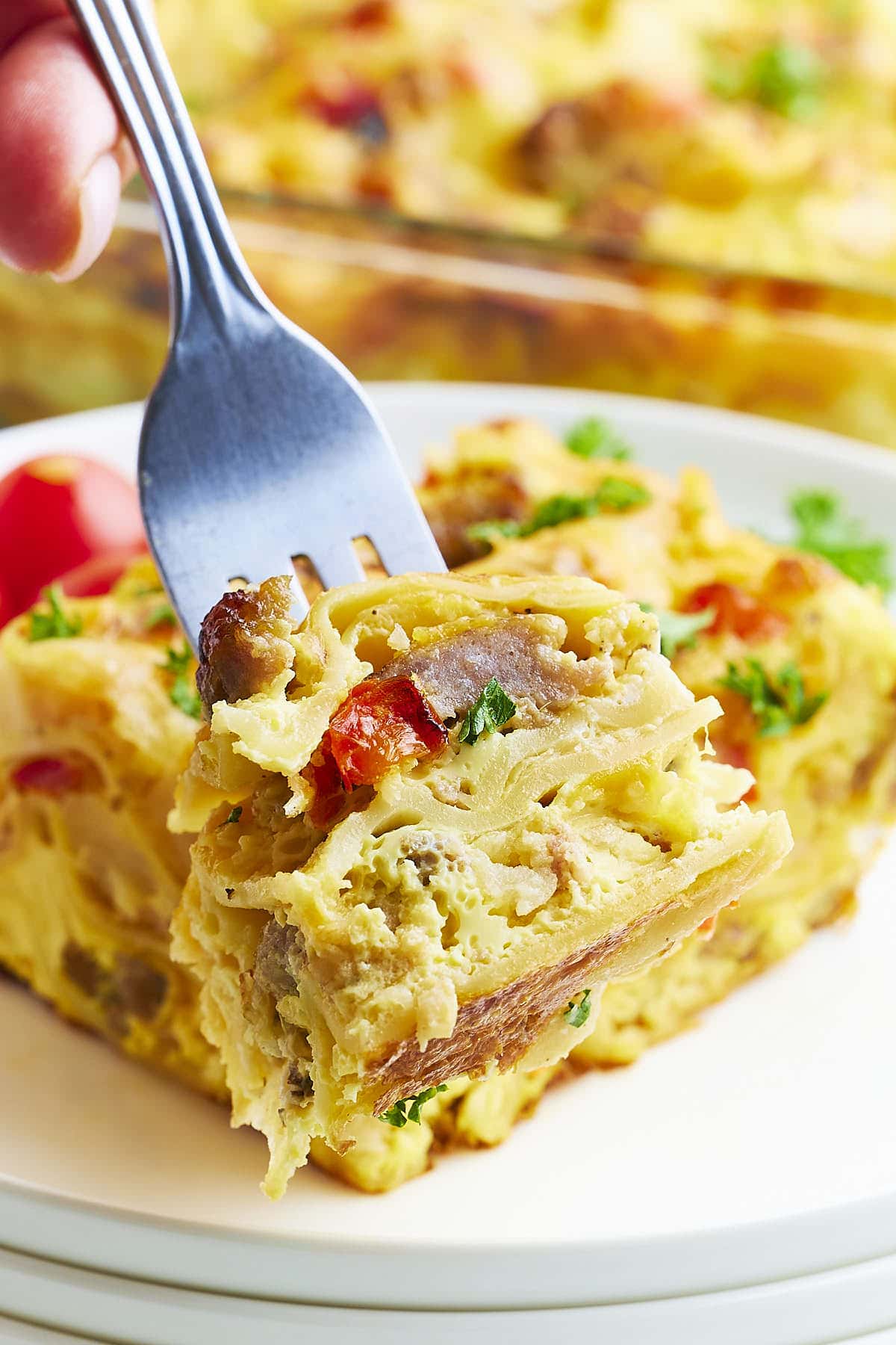 A forkful of Breakfast Lasagna.