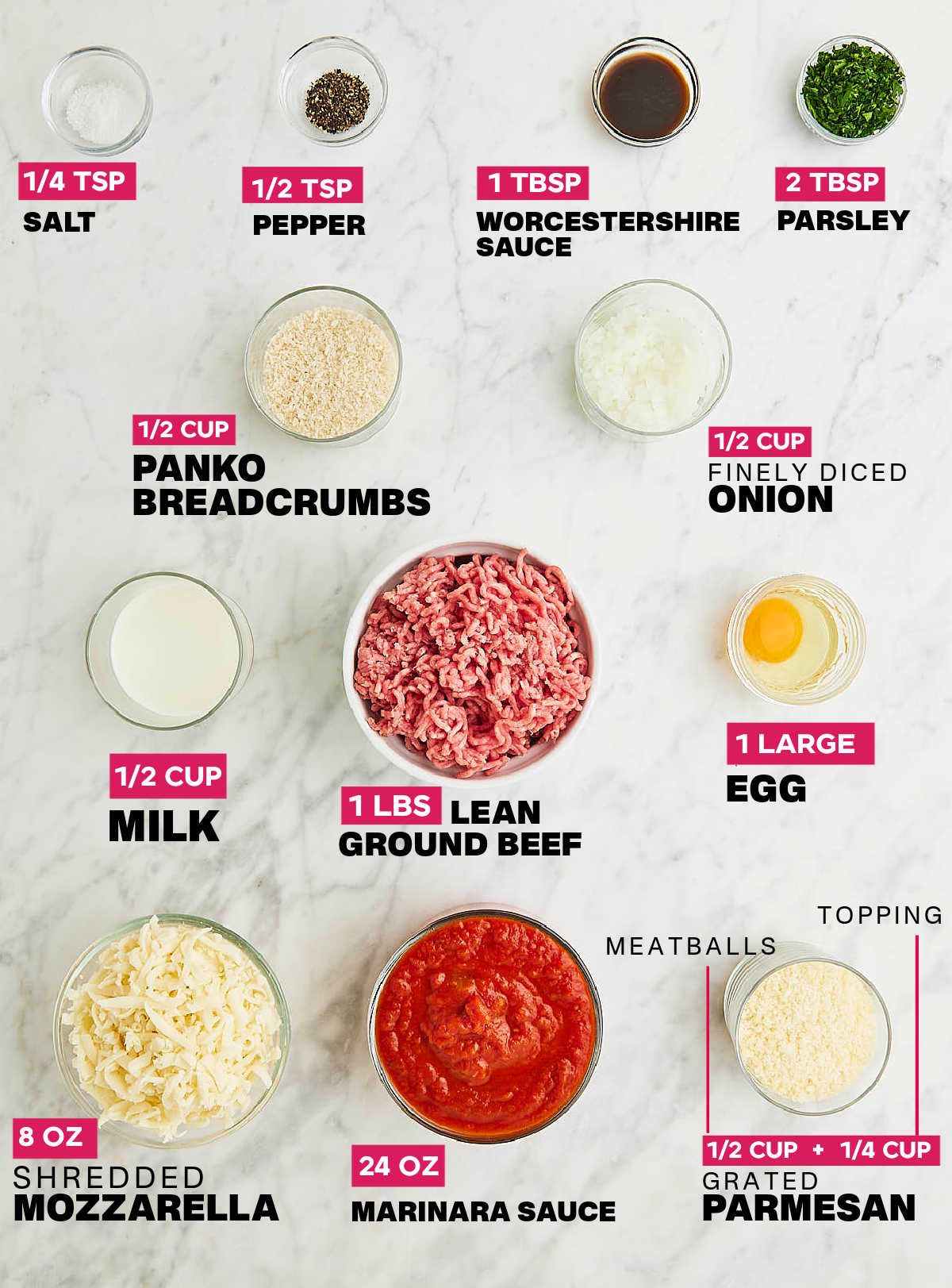 Ingredients needed to make a Cheesy Meatball Casserole.
