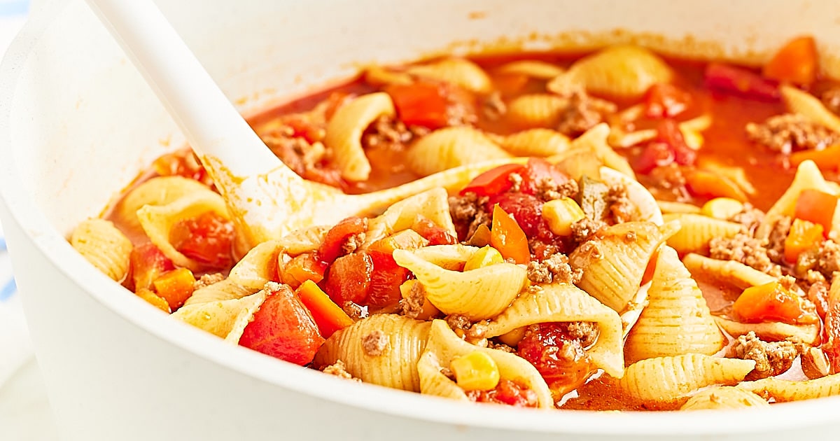Sweet & Spicy Hamburger Soup (with Shell Pasta)- Cheerful Cook