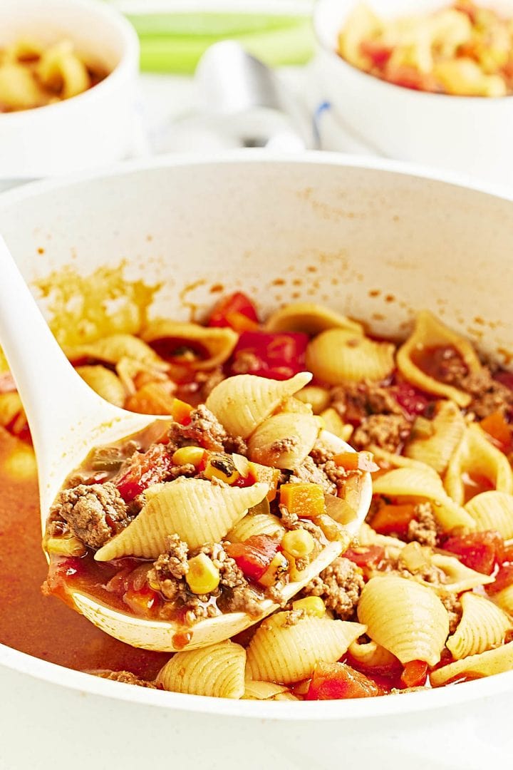 Sweet & Spicy Hamburger Soup (with Shell Pasta)- Cheerful Cook