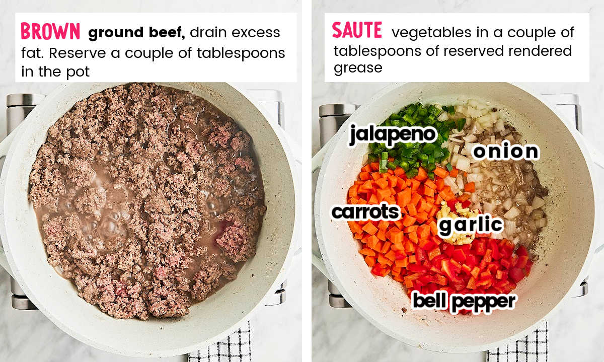 Process: Brown ground beef and saute vegetables.