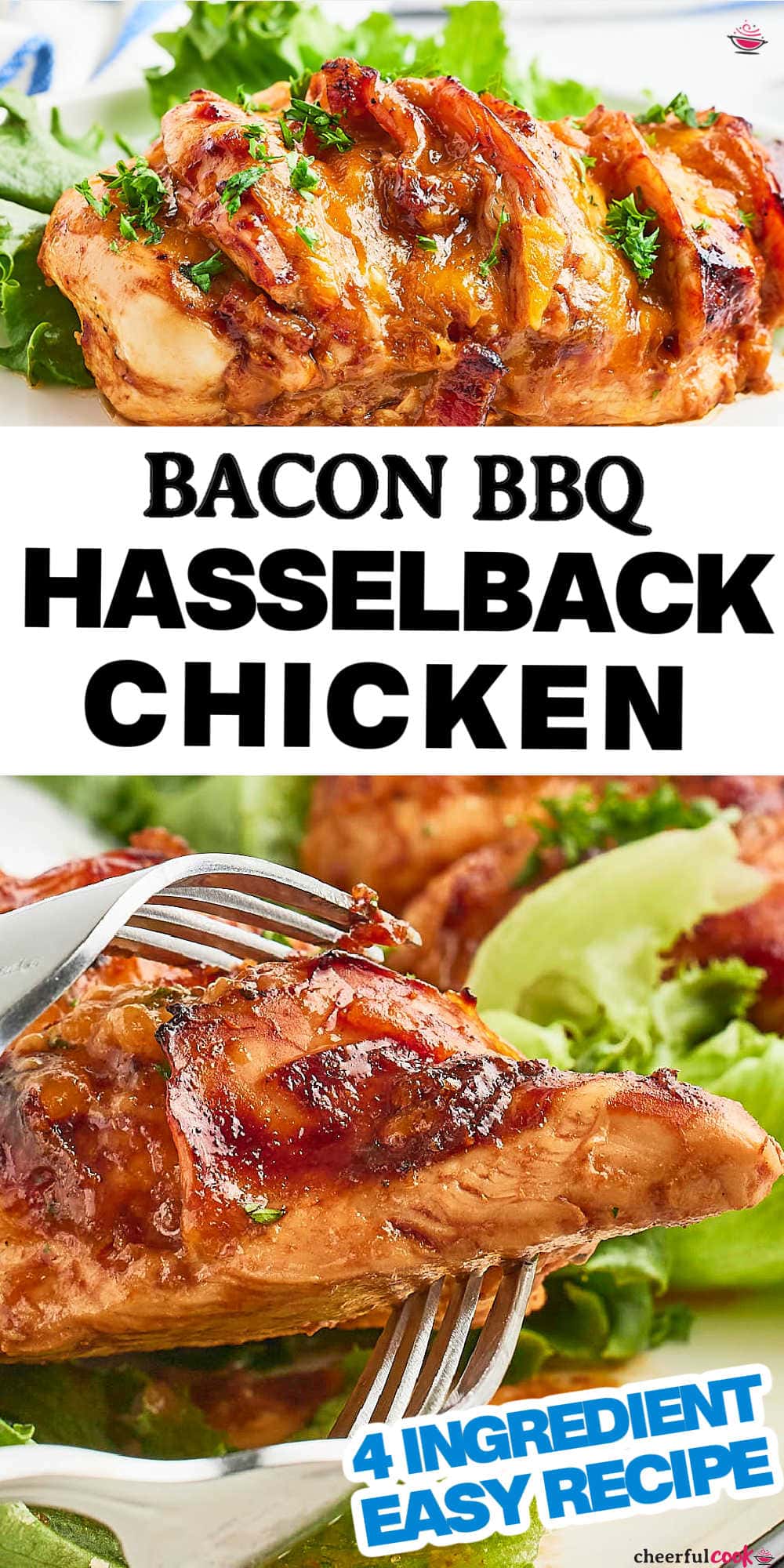 Try our easy and delicious 4-ingredient Hasselback Chicken recipe! It's packed with flavor from BBQ sauce, cheddar cheese, and crumbled bacon. Perfect for a weekday dinner, yet impressive enough for guests. #cheerfulcook #HasselbackChicken #ChickenRecipes #EasyDinner #chickendinner via @cheerfulcook