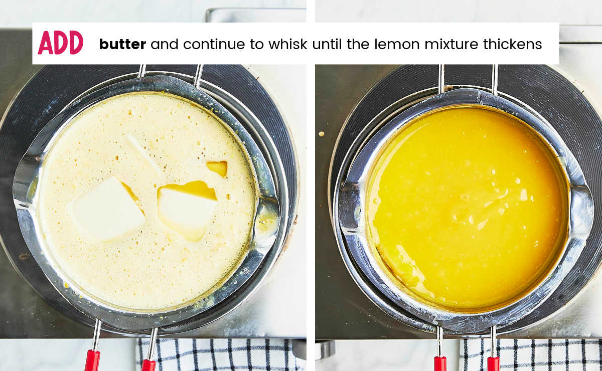 Process Step: Adding butter and whisking until the Lemon Curd thickens.