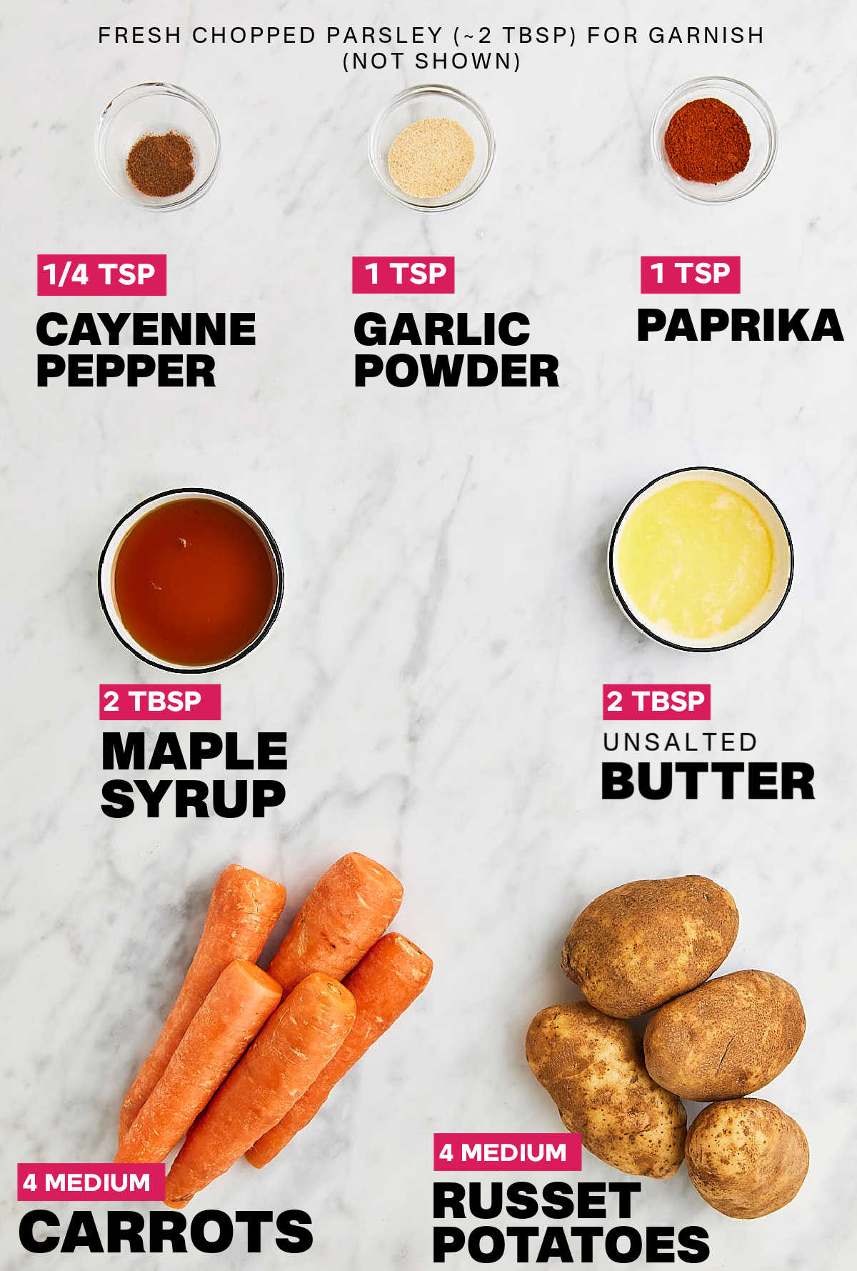 Ingredients needed to make Roasted Potatoes and Carrots. 