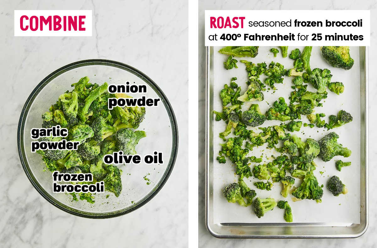 Step 1 - Season, toss, and bake the frozen broccoli. 