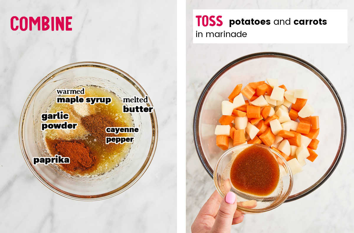 Steps: Marinade. Toss potatoes and carrots. 