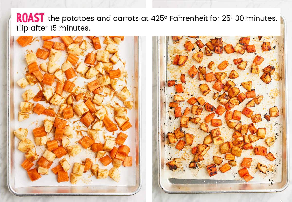 Step: Vegetables before and after roasting. 