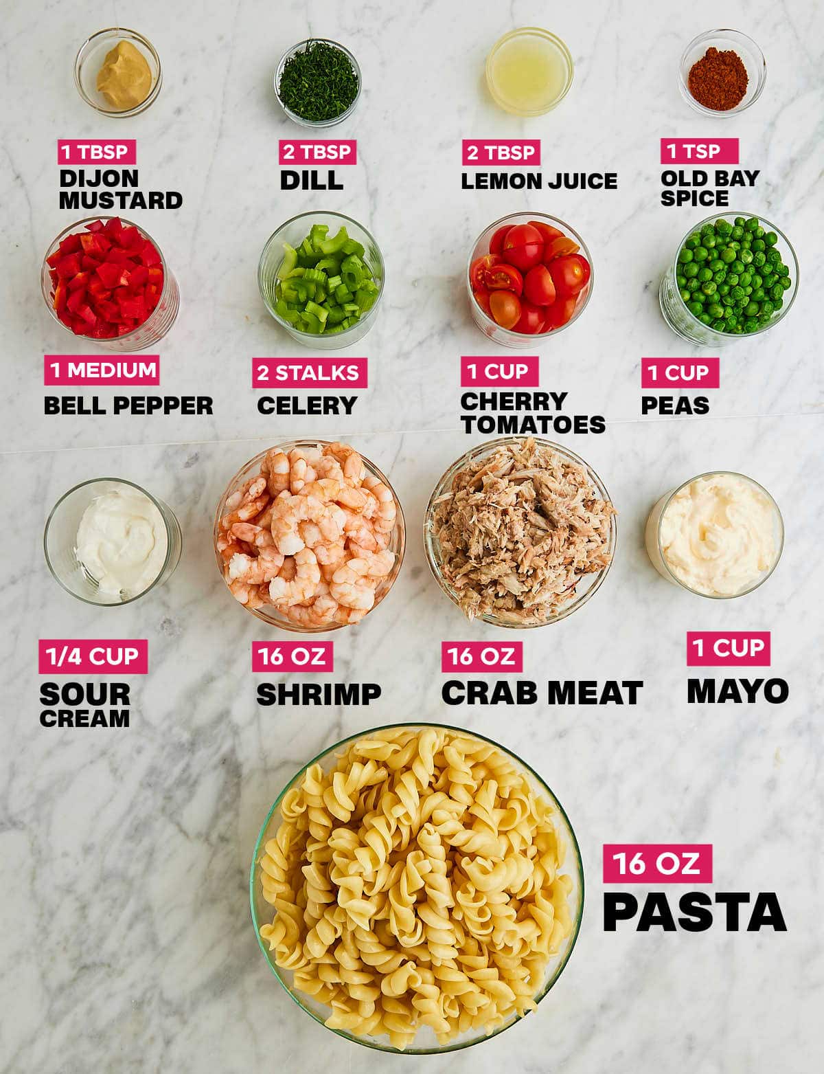 Ingredients needed to make a Seafood Pasta Salad.