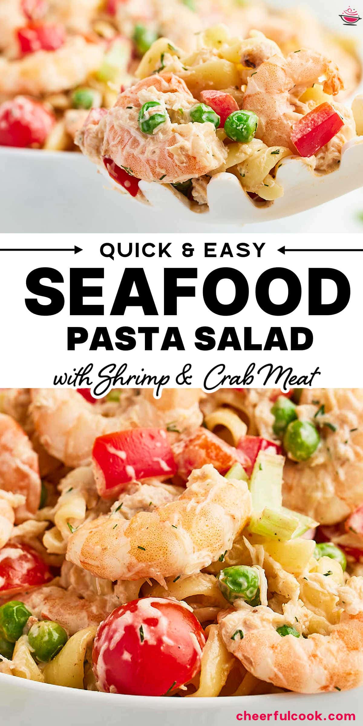 Dive into our crowd-pleasing Seafood Pasta Salad! Loaded with succulent shrimp, juicy crab meat, and fresh, vibrant veggies, it's sure to make your next party a hit. #cherrfulcook #pastaSalad #seafoodpastasalad #shrimp #lumpcrabmeat #easyrecipe via @cheerfulcook