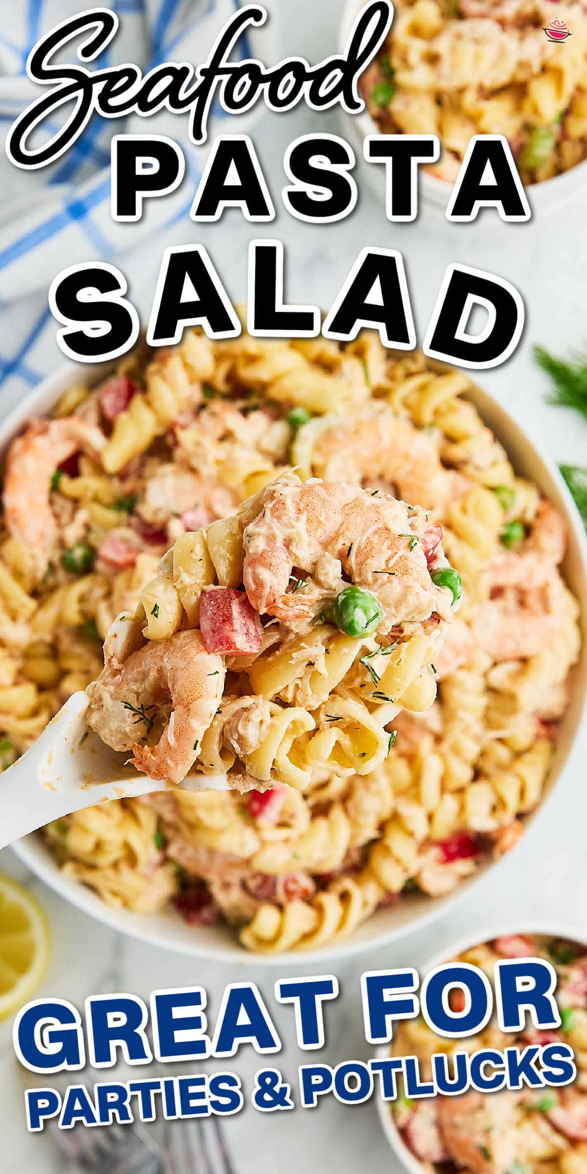 Dive into our crowd-pleasing Seafood Pasta Salad! Loaded with succulent shrimp, juicy crab meat, and fresh, vibrant veggies, it's sure to make your next party a hit. #cherrfulcook #pastaSalad #seafoodpastasalad #shrimp #lumpcrabmeat #easyrecipe via @cheerfulcook