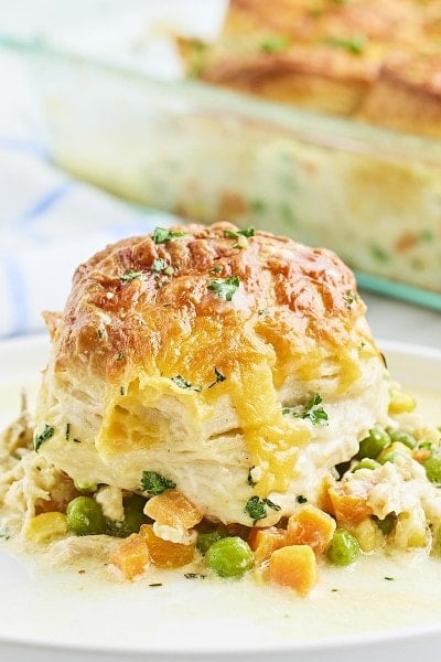 Close up of a Chicken Pot Pie Casserole served on a white plate.