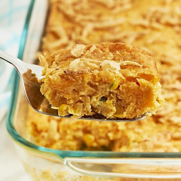 Closeup of a slice of smoky Corn Casserole.