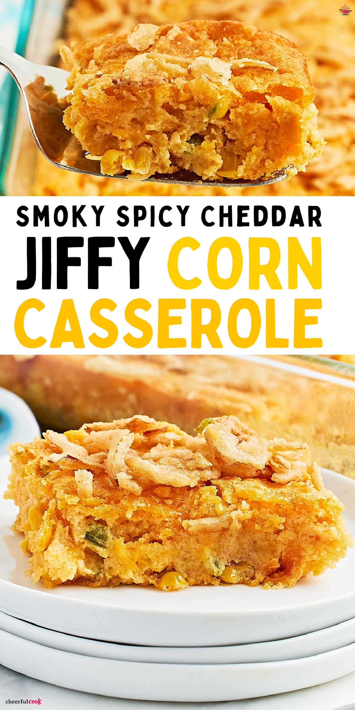Add a twist to your classic corn casserole with this simple recipe! The addition of jalapenos and smoked paprika creates a delightful, flavor-rich side dish perfect for any meal. #cheerfulcook #CornCasserole #ComfortFood #easyrecipes #SideDish #thanksgiving #christmasdinner #casserolerecipes via @cheerfulcook