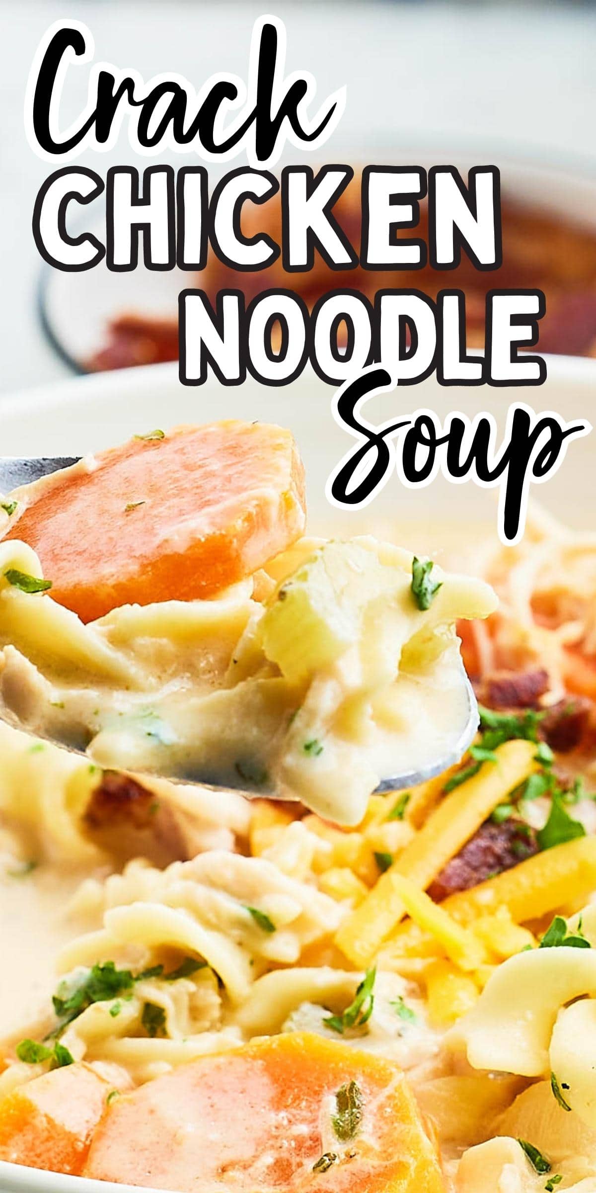 Try our incredibly delicious creamy Crack Chicken Noodle Soup! It's got all your favorites - chicken, cheese, bacon, and ranch. It's easy to make and your family will love it. #cheerfulcook #CrackChickenSoup #ChickenSoup #DinnerIdeas #creamychickensoup #chickensoup #baconranch #easyrecipe via @cheerfulcook