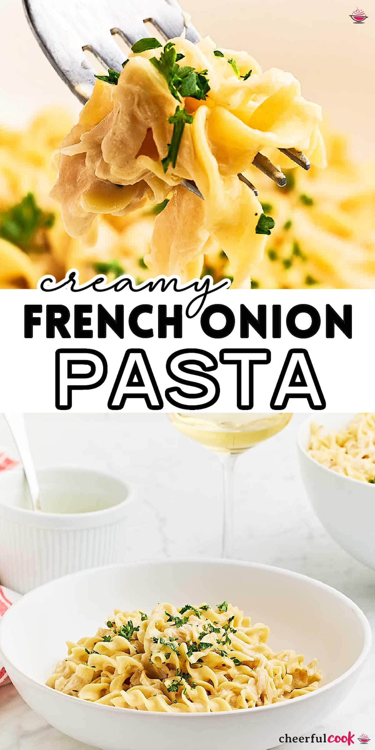 Bring a twist to your pasta night with this French Onion Pasta. It's a one-pot wonder that combines the savory delight of French onion soup with the comfort of pasta. #cheerfulcook #frenchonionpasta #pastadinner #comfortfood #easydinner #onepotmeal via @cheerfulcook