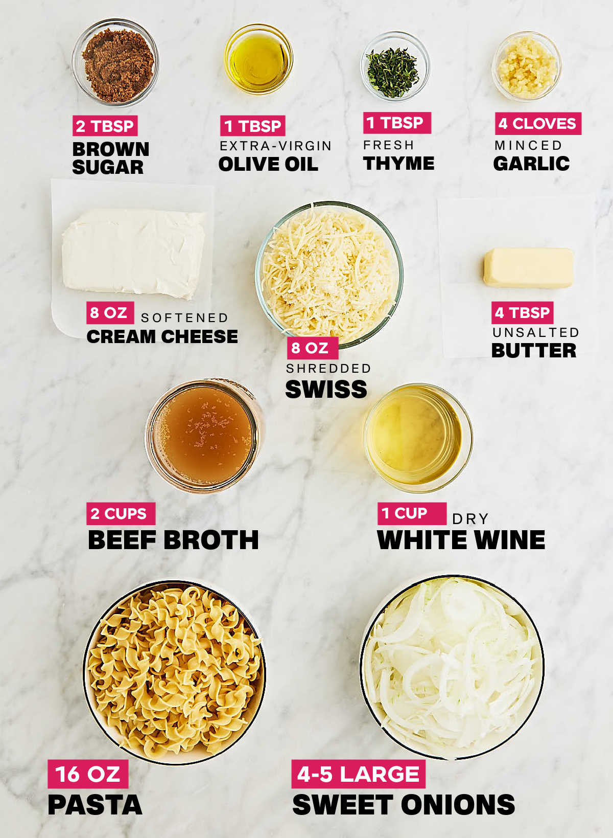 Ingredients needed to make French Onion Pasta.
