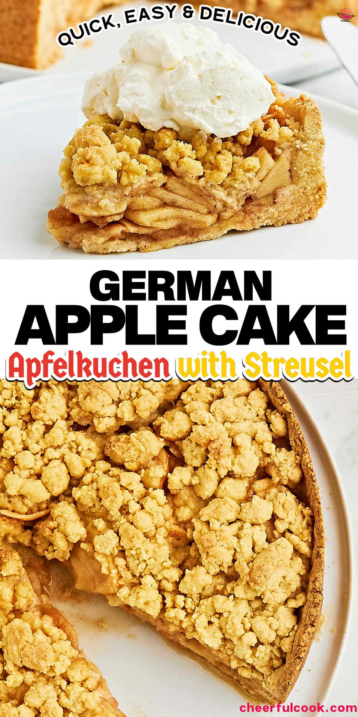 This German Apple Cake (Apfelkuchen) with Streusel Topping is a sweet treat you can easily make at home. It's packed with apples and a dash of vanilla! #cheerfulcook #applecake #apfelkuchen #germanrecipes #easybaking #homebaked #dessertrecipe via @cheerfulcook