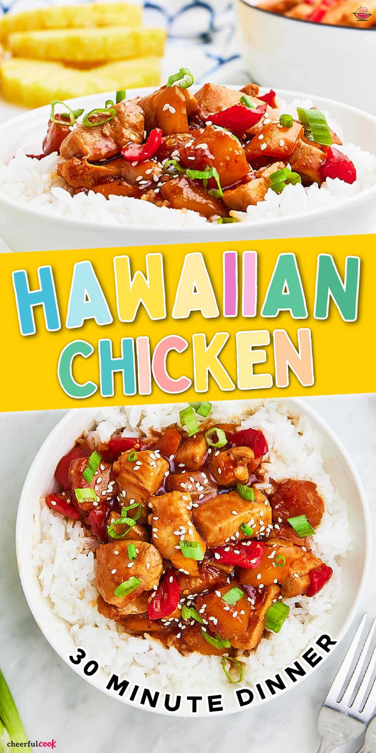 Dinner gets a tropical twist with this Hawaiian Chicken recipe. Juicy chicken, sweet pineapple, and a zingy sauce come together for a delightful meal that's easy to whip up in your own kitchen. #cheerfulcook #Hawaiianchicken #chickendinner #weeknightdinner #easydinner #chickenrecipes via @cheerfulcook