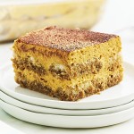 A slice of Pumpkin Tiramisu on a white plate.