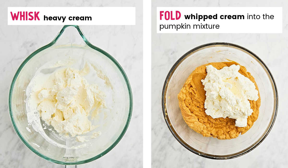 Adding the whipped cream into the pumpkin mixture.