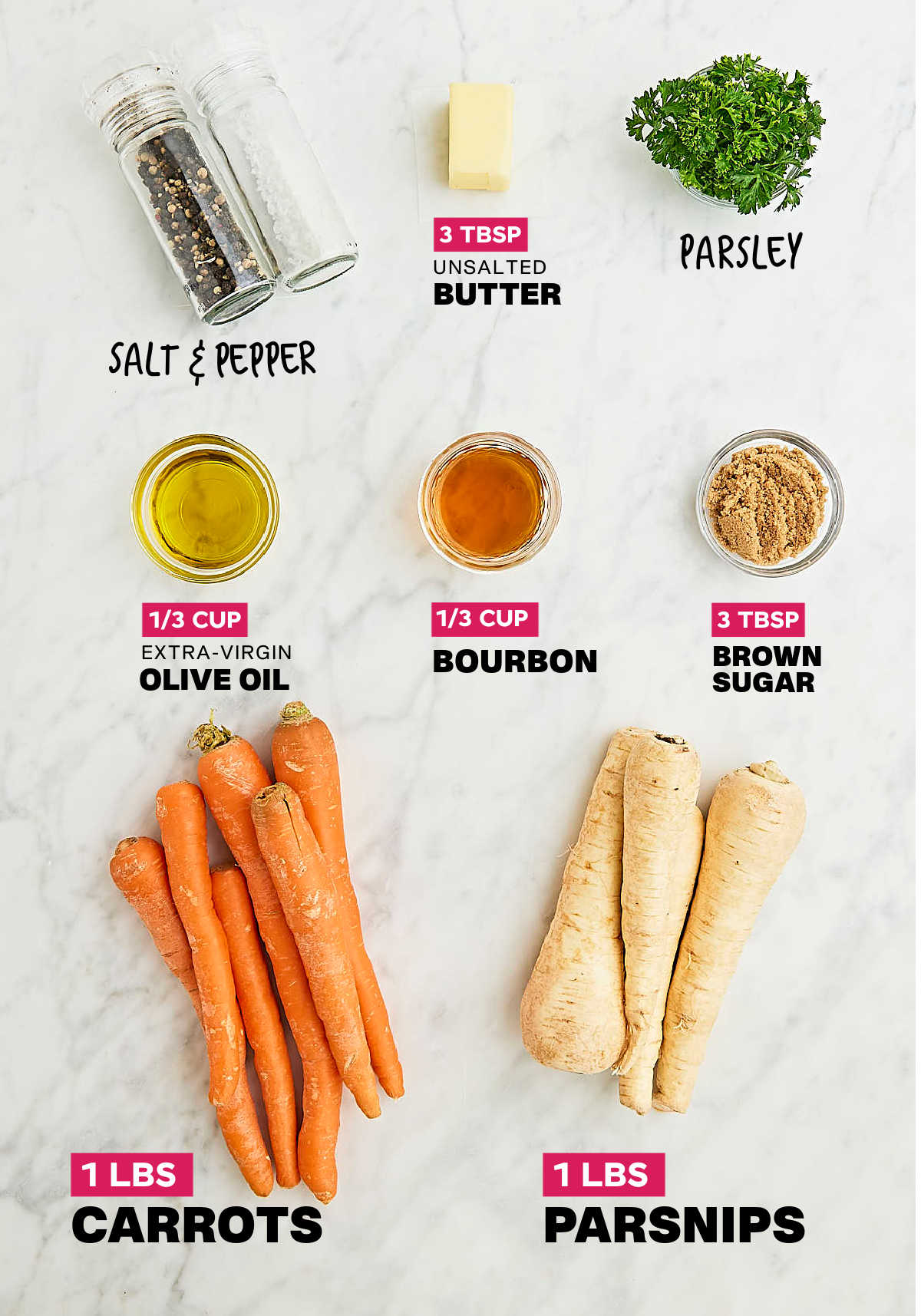 Ingredients needed to make Roasted Carrots and Parsnips with a Bourbon Glaze.