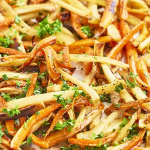Closeup of a glazed Roasted Carrots and Parsnips.