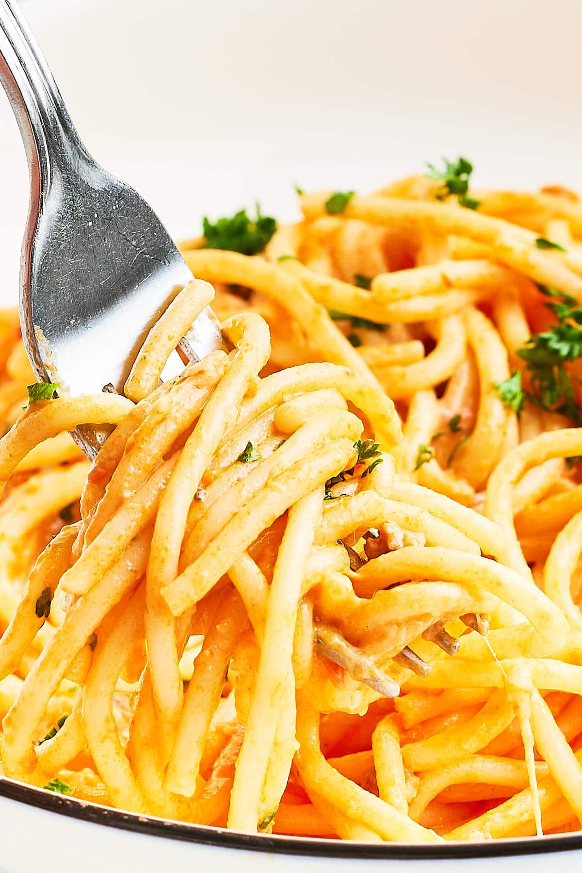 A forkful of the viral baked Tiktok Spaghetti pasta. 