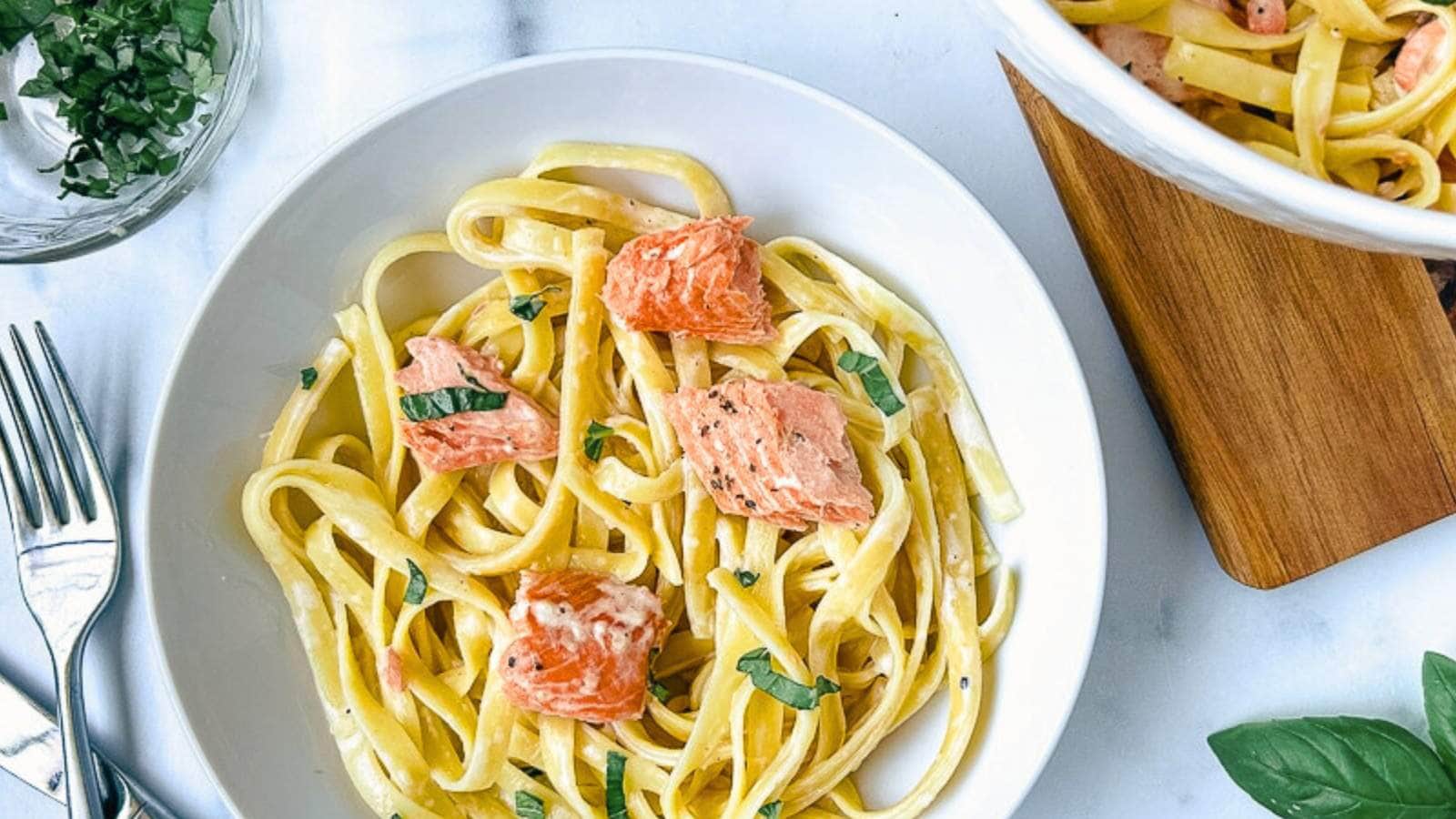 Salmon Alfredo recipe by The Feathered Nester.