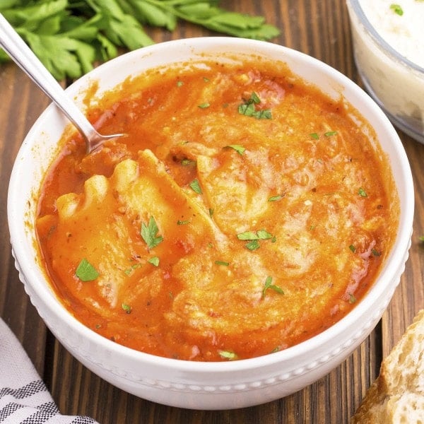 A bowl of hot Lasagna Soup.