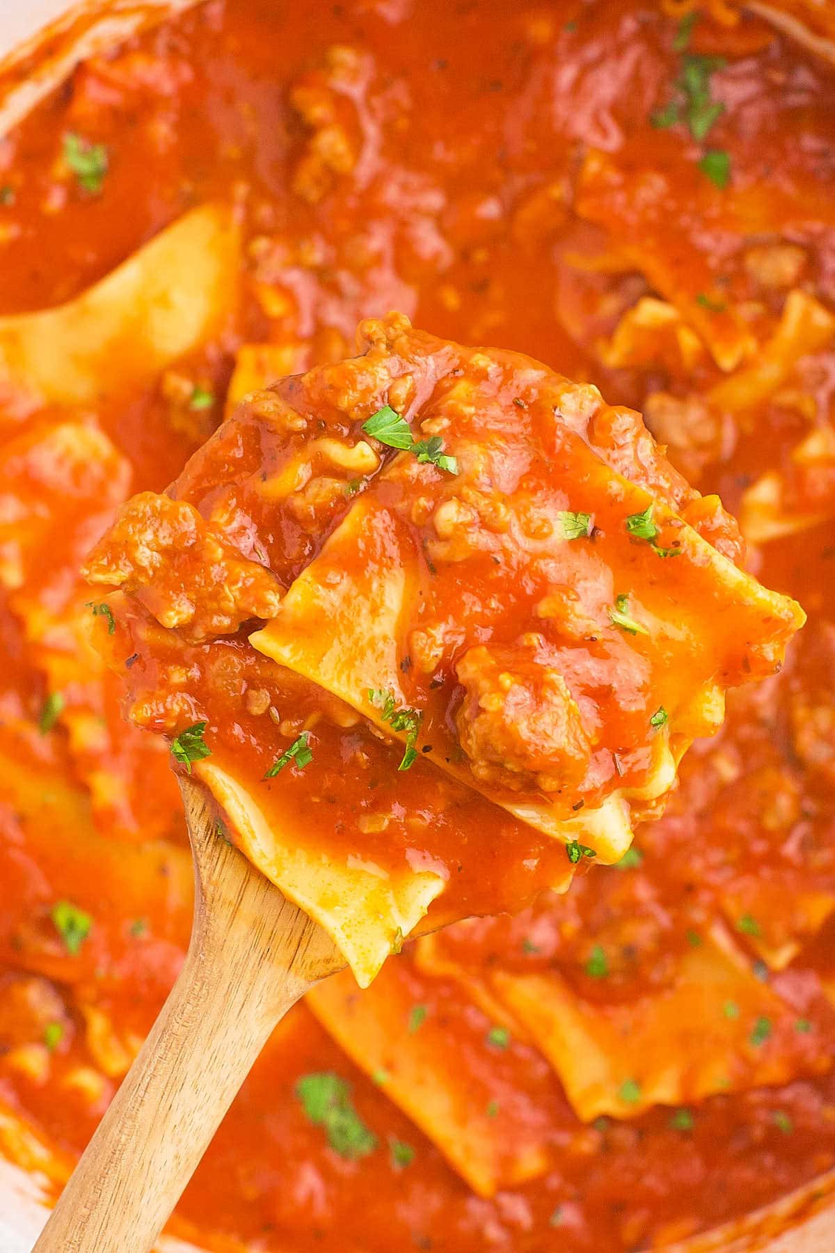 A spoonful of freshly cooked Lasagna Soup.