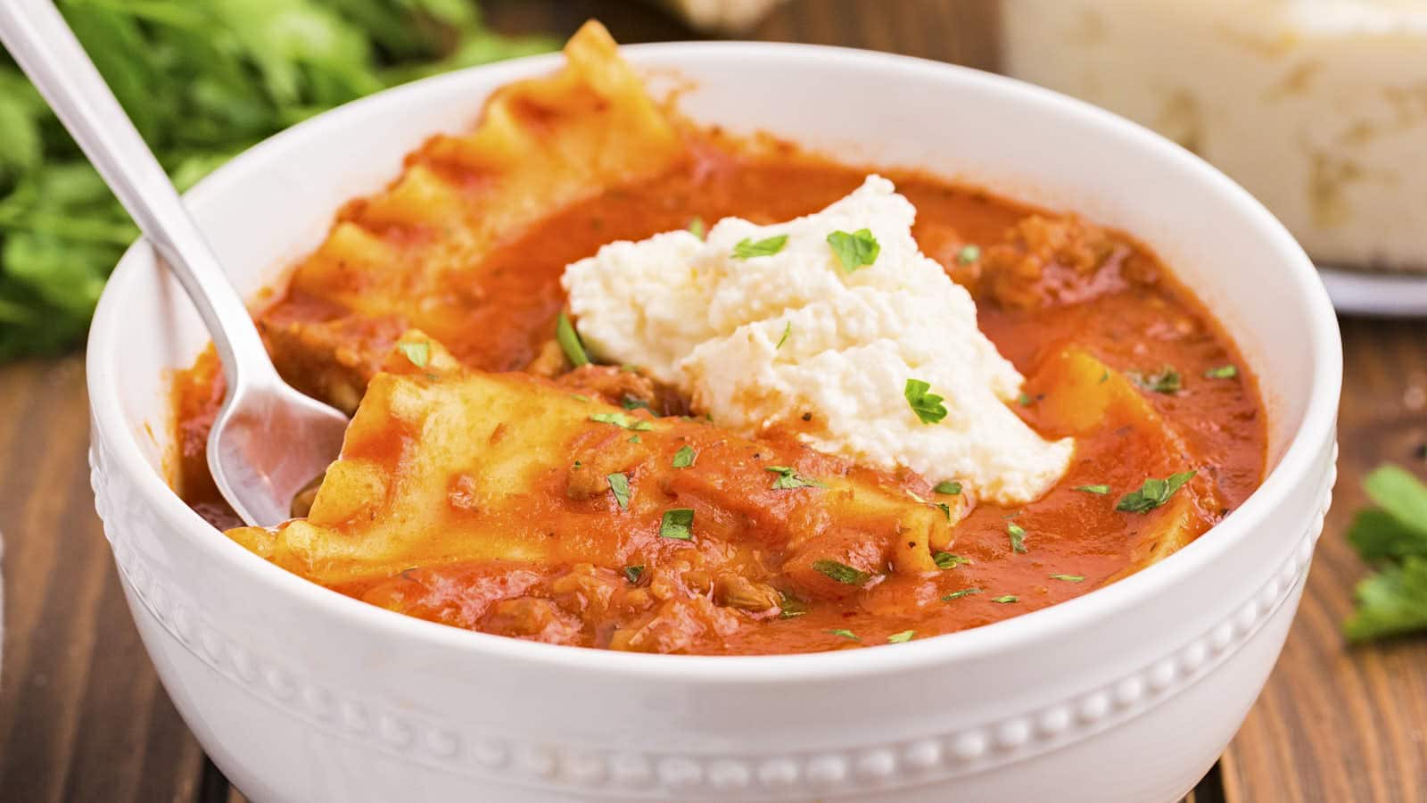 Lasagna Soup recipe by Cheerful Cook.