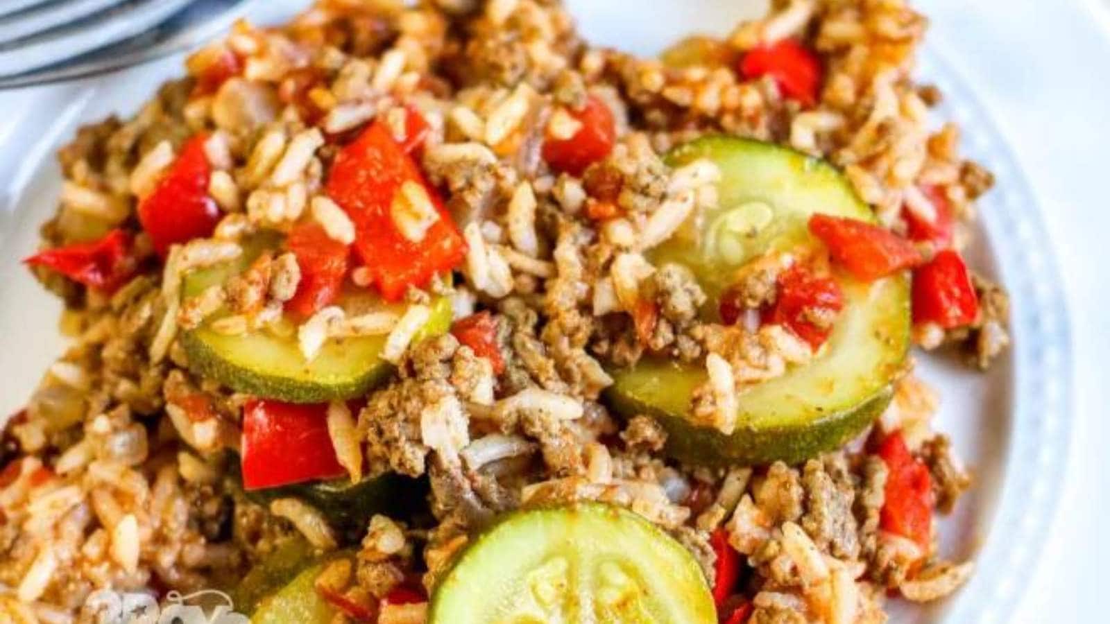 Zucchini Ground Beef Rice Skillet recipe by 3 Boys And A Dog.