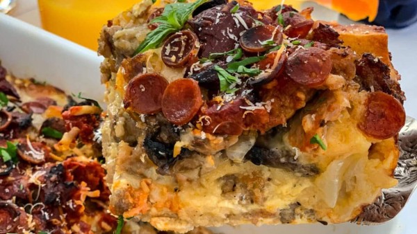 Pizza Strata Breakfast Casserole recipe by Delicious Table.
