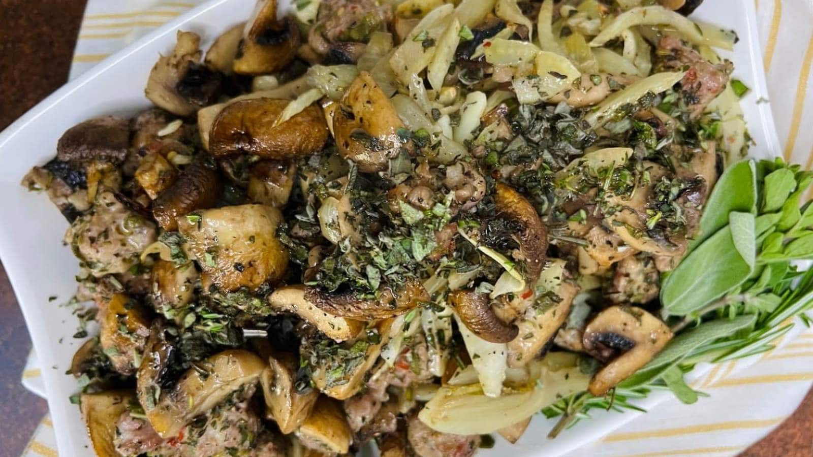 Sheet Pan Sausage with Mushrooms and Fennel recipe by Mangia with Michelle.
