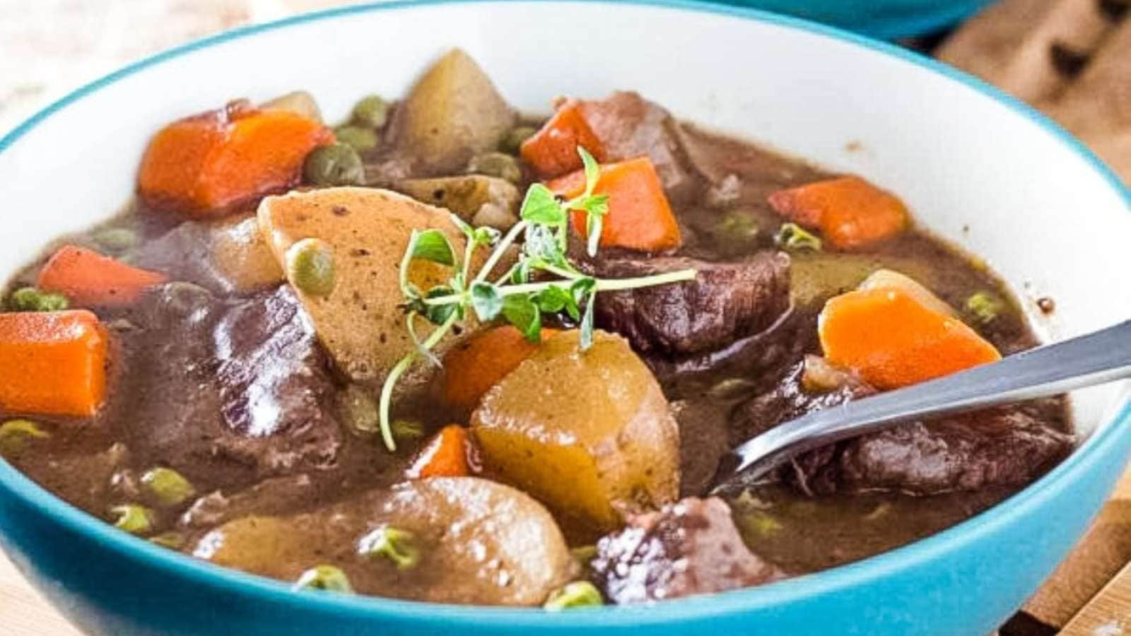A bowl of beef stew made on the stovetop.