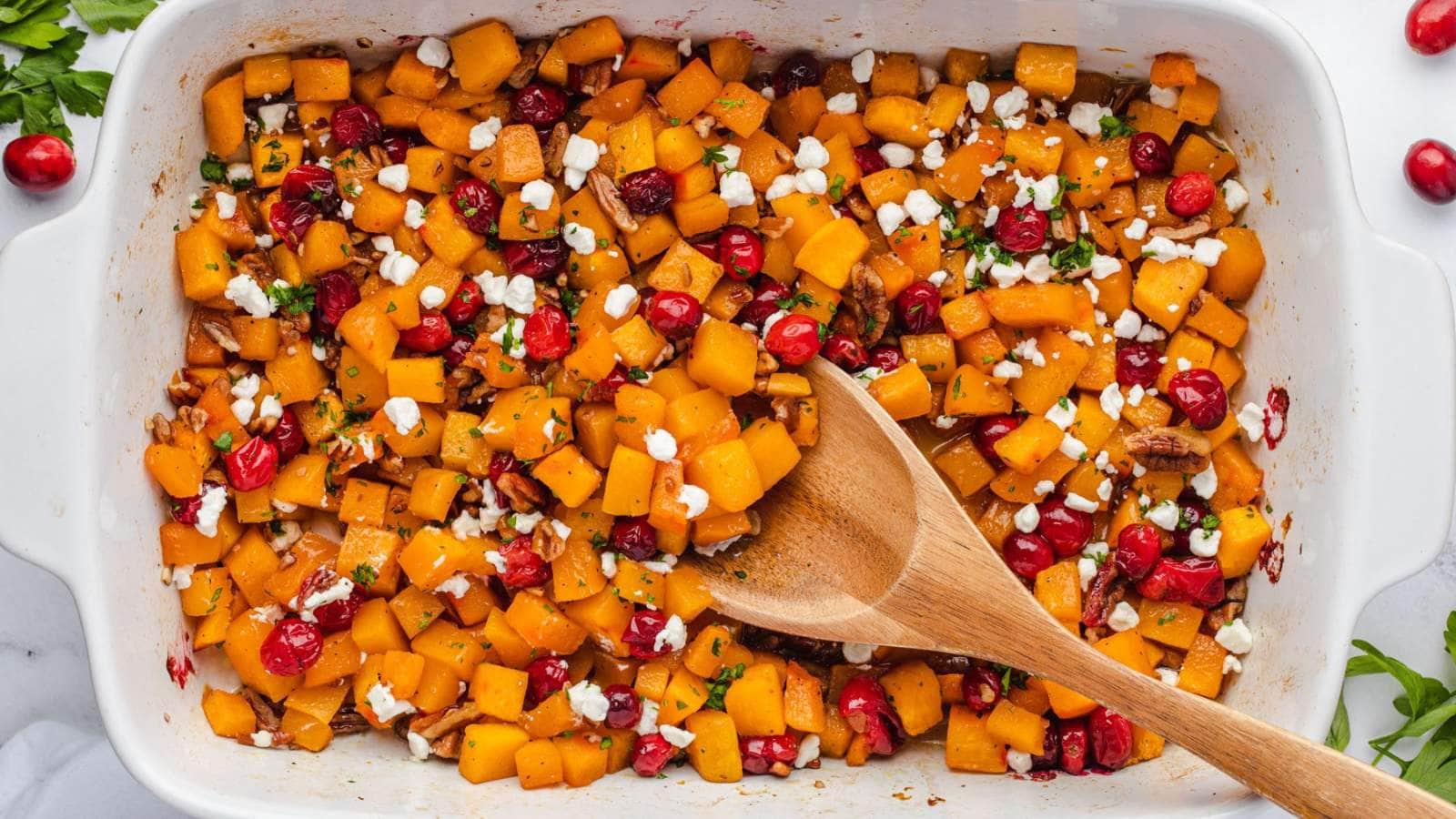  Maple Roasted Butternut Squash with Cranberries recipe by  State of Dinner.