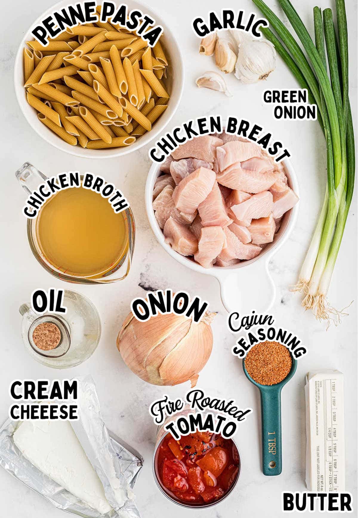 Ingredients needed to make Cajun Chicken Pasta.