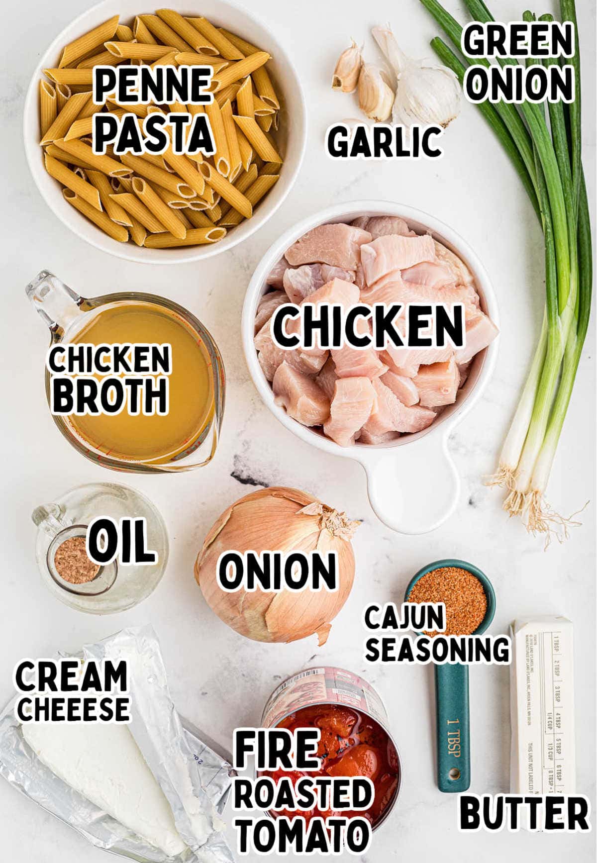 Ingredients needed to make Cajun Chicken Pasta.