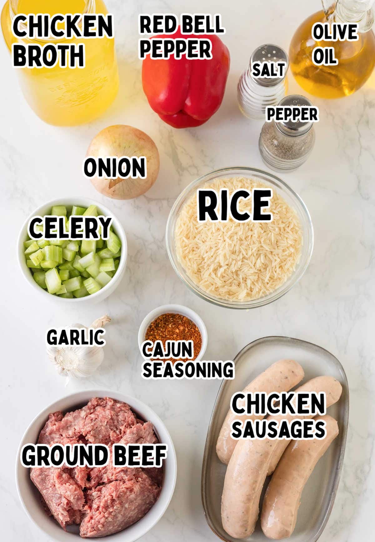 Ingredients needed to make Dirty Rice with Sausage. 
