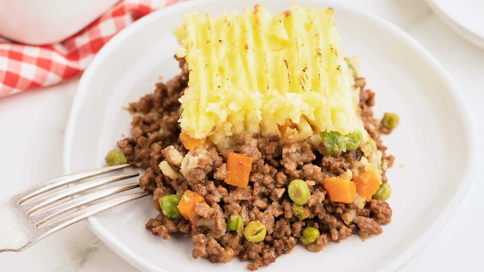 Shepherd's Pie on a white plate.