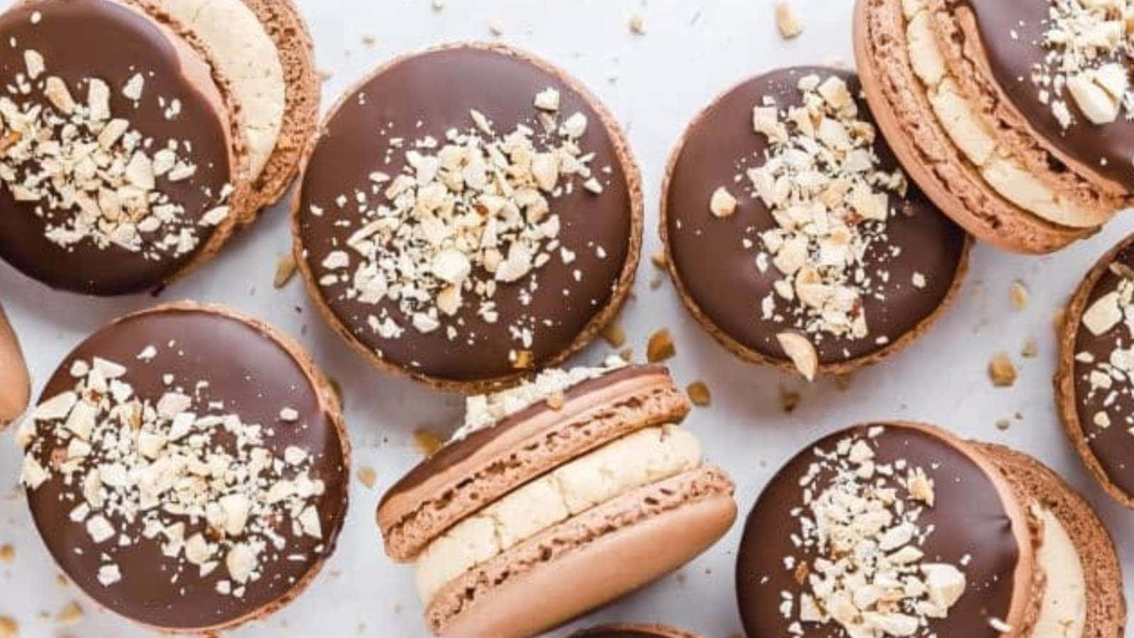 Peanut Butter Chocolate Macarons recipe by Barley and Sage.
