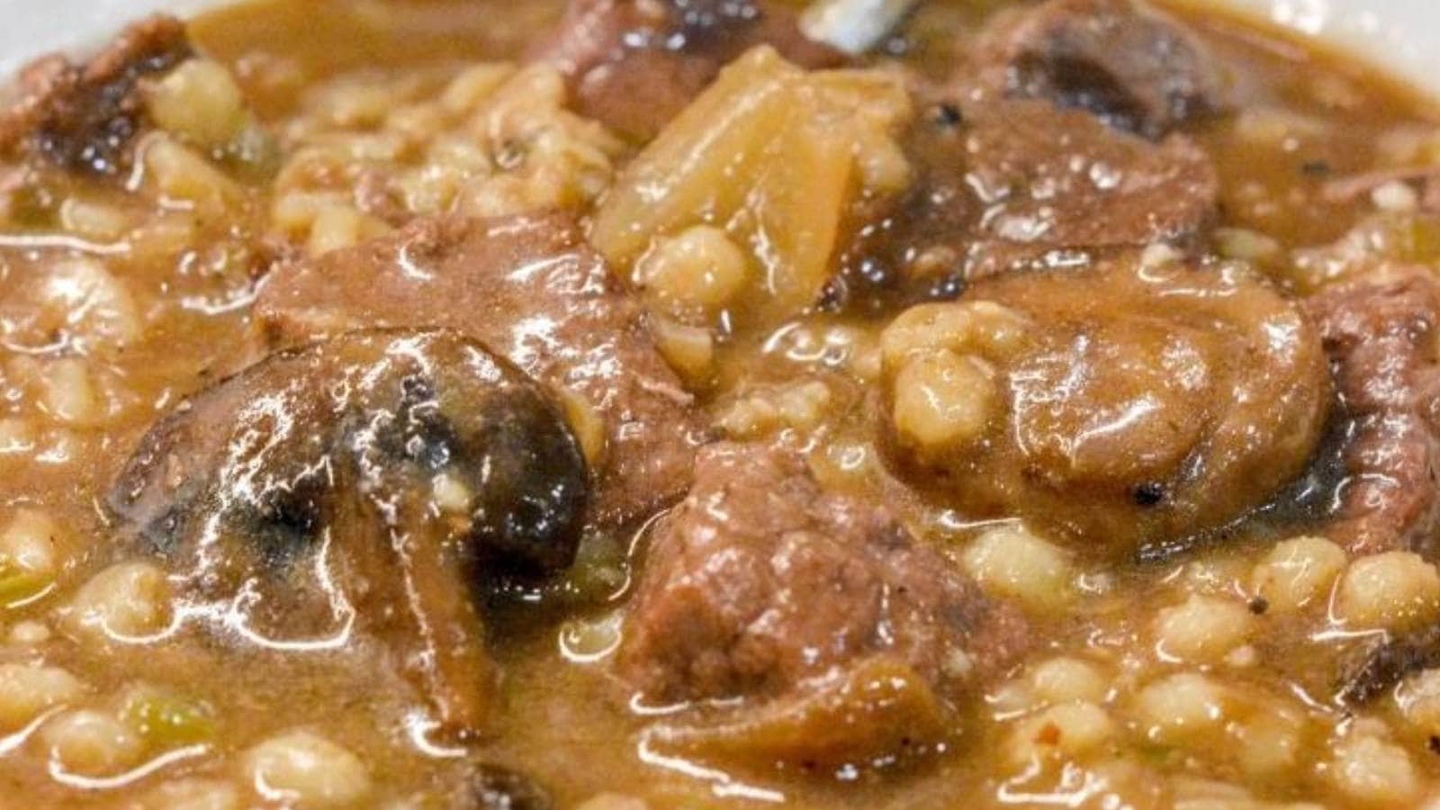 Crock Pot Beef And Barley Soup With Mushrooms recipe by Beyer Eats Drinks.
