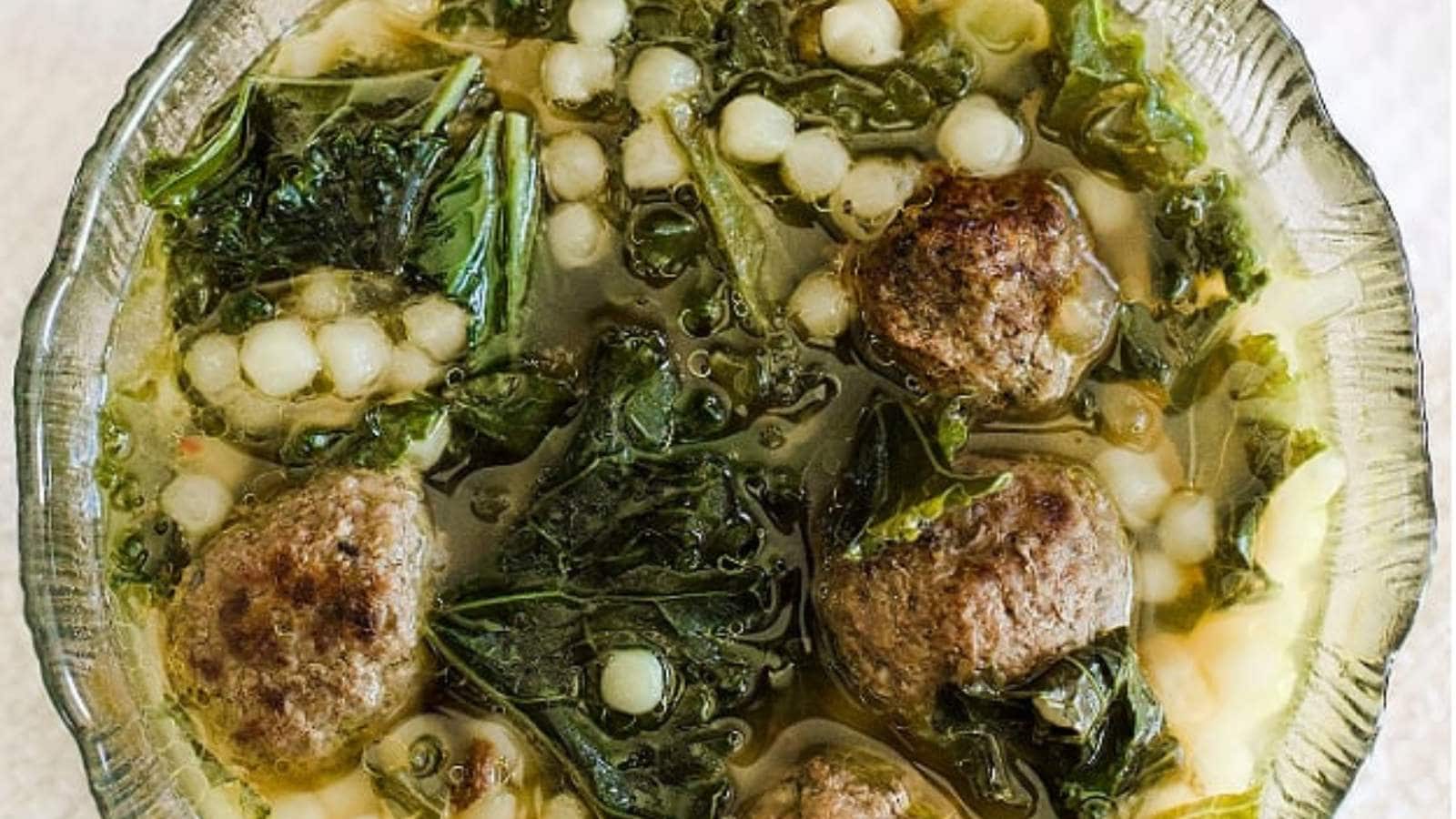 Meatball Kale Soup With Couscous recipe by Dancing Through The Rain.